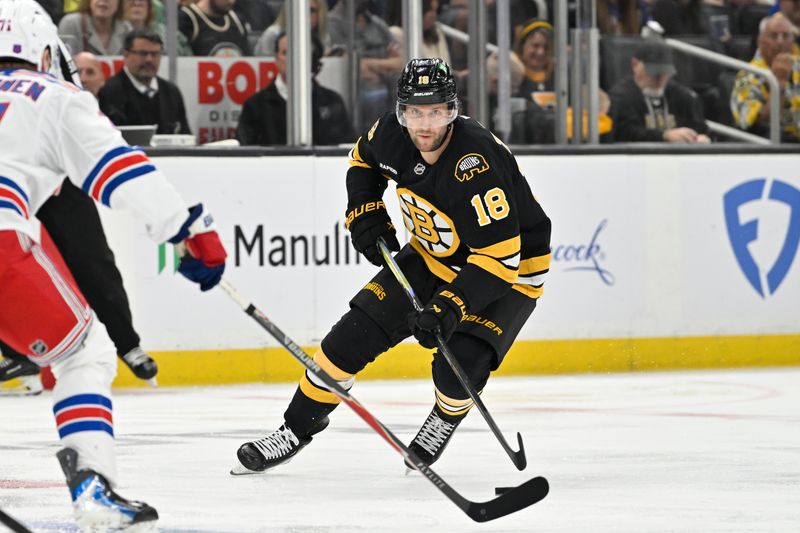 Oct 4, 2025; Boston, Massachusetts, USA; Boston Bruins center Pavel Zacha (18) works the puck through the neutral zone during the third period period at TD Garden. Mandatory Credit: Eric Canha-Imagn Images