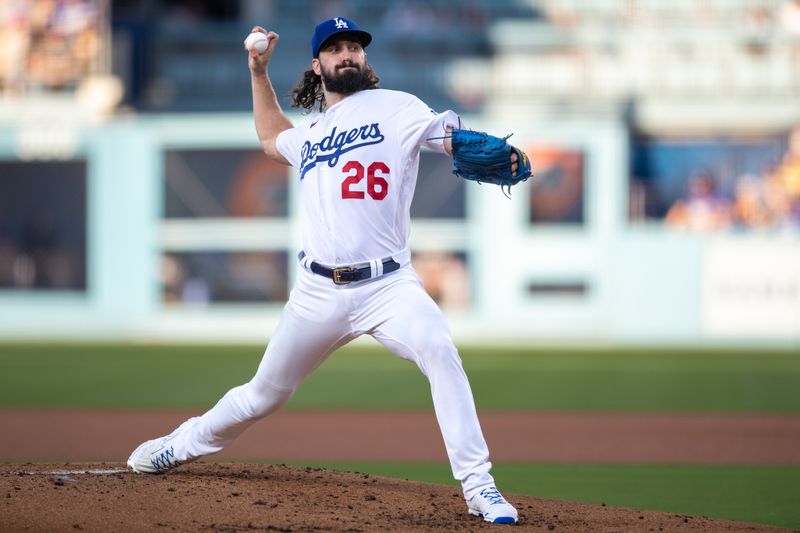 Aug 12, 2023; Los Angeles, California, USA; Los Angeles Dodgers starting pitcher Tony Gonsolin (26) throws a pitch against the Colorado Rockies during the third inning at Dodger Stadium. Mandatory Credit: Jonathan Hui-USA TODAY Sports