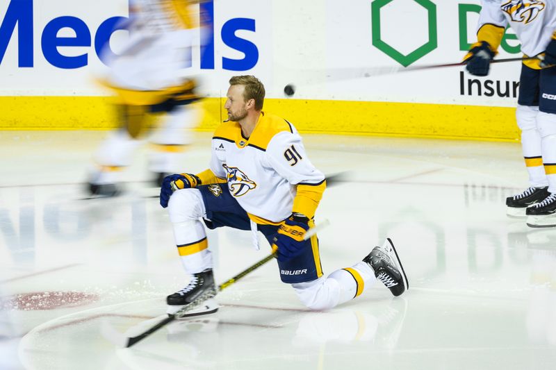 Nov 15, 2024; Calgary, Alberta, CAN; Nashville Predators center Steven Stamkos (91) during the warmup period against the Calgary Flames at Scotiabank Saddledome. Mandatory Credit: Sergei Belski-Imagn Images