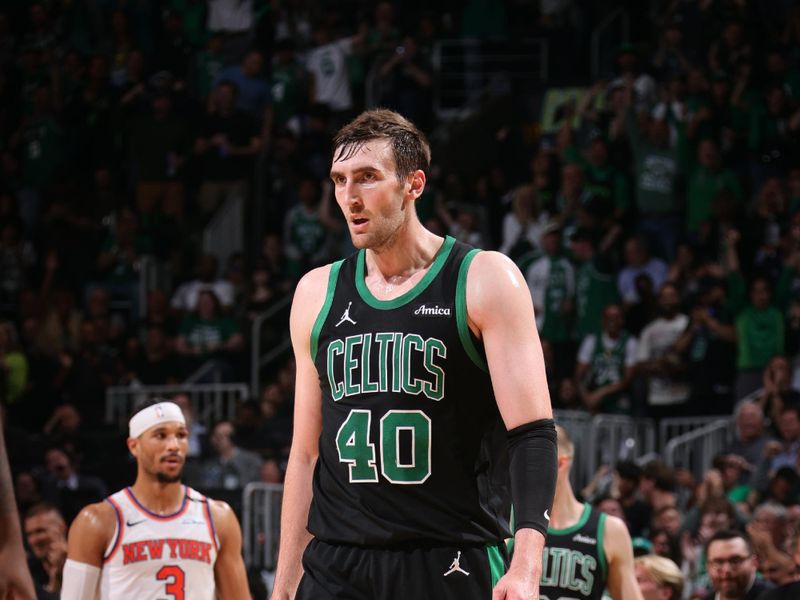 BOSTON, MA - MAY 14:  Luke Kornet #40 of the Boston Celtics looks on during the game against the New York Knicks during Round Two Game Five of the 2025 NBA Playoffs on May 14, 2025 at TD Garden in Boston, Massachusetts. NOTE TO USER: User expressly acknowledges and agrees that, by downloading and/or using this Photograph, user is consenting to the terms and conditions of the Getty Images License Agreement. Mandatory Copyright Notice: Copyright 2025 NBAE (Photo by Nathaniel S. Butler/NBAE via Getty Images)