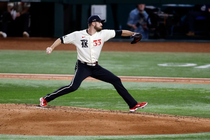 Sep 2, 2023; Arlington, Texas, USA; Texas Rangers relief pitcher Chris Stratton (35) pitches in the fifth inning against the Minnesota Twins at Globe Life Field. Mandatory Credit: Tim Heitman-USA TODAY Sports