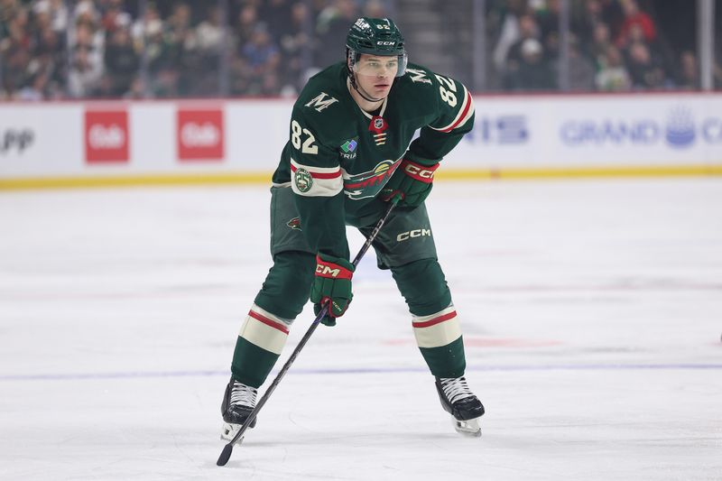 Jan 15, 2026; Saint Paul, Minnesota, USA; Minnesota Wild defenseman David Spacek (82) prepares for a face-off during his NHL debut during the first period against the Winnipeg Jets at Grand Casino Arena. Mandatory Credit: Matt Krohn-Imagn Images