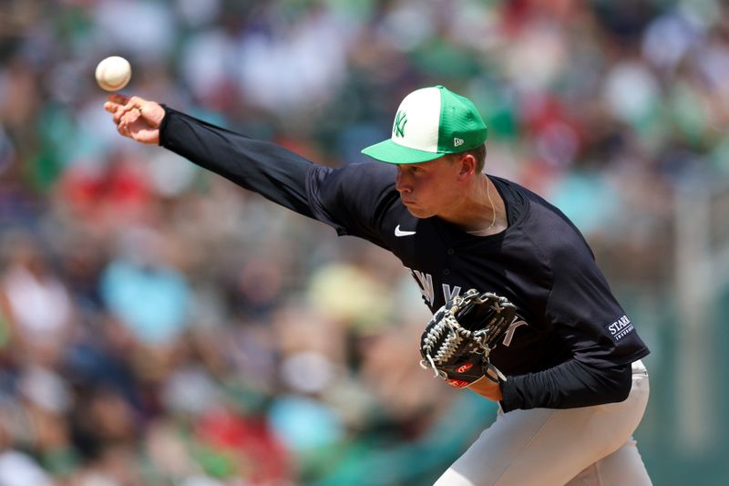 Mar 17, 2024; Fort Myers, Florida, USA;  New York Yankees pitcher Will Warren (98) throws a pitch against the Boston Red Sox in the third inning at JetBlue Park at Fenway South. Mandatory Credit: Nathan Ray Seebeck-USA TODAY Sports