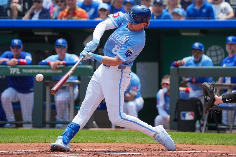 Jun 1, 2025; Kansas City, Missouri, USA; Kansas City Royals left fielder Drew Waters (8) singles against the Detroit Tigers during the first inning at Kauffman Stadium. Mandatory Credit: Denny Medley-Imagn Images