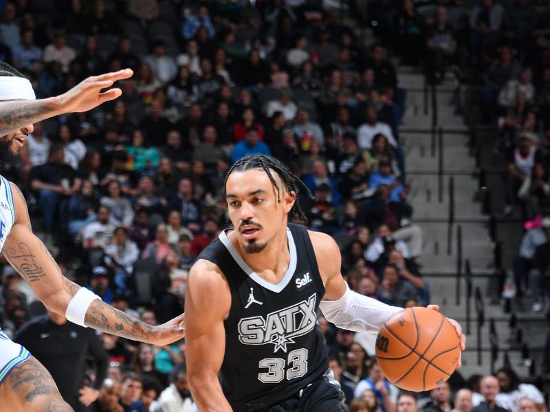 SAN ANTONIO, TX - JANUARY 27: Tre Jones #33 of the San Antonio Spurs dribbles the ball during the game against the Minnesota Timberwolves on January 27, 2024 at the Frost Bank Center in San Antonio, Texas. NOTE TO USER: User expressly acknowledges and agrees that, by downloading and or using this photograph, user is consenting to the terms and conditions of the Getty Images License Agreement. Mandatory Copyright Notice: Copyright 2024 NBAE (Photos by Michael Gonzales/NBAE via Getty Images)