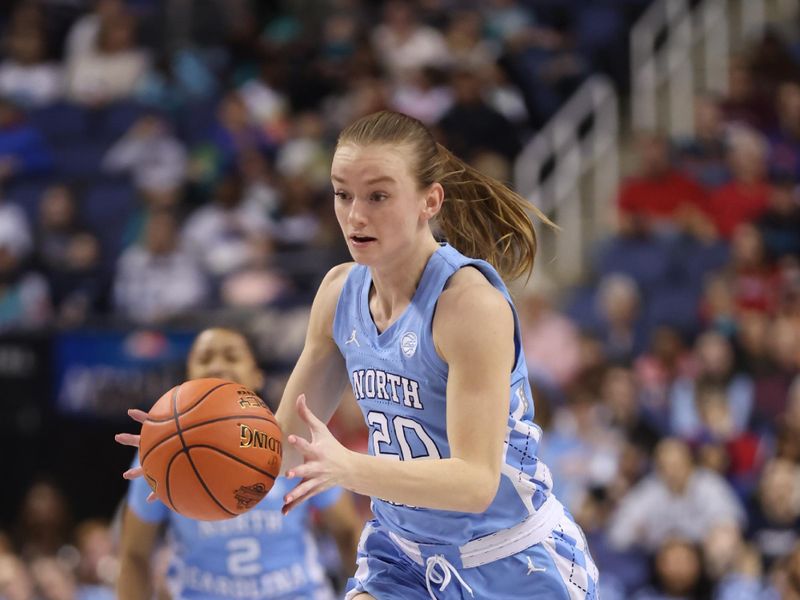 Mar 7, 2025; Greensboro, NC, USA;  North Carolina Tar Heels guard Lexi Donarski (20) brings the ball down court during the second quarter at First Horizon Coliseum. Mandatory Credit: Cory Knowlton-Imagn Images