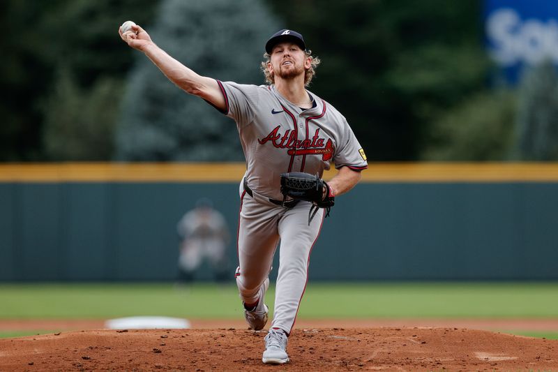 Aug 11, 2024; Denver, Colorado, USA; Atlanta Braves pitcher Spencer Schwellenbach (56) pitches in the first inning against the Colorado Rockies at Coors Field. Mandatory Credit: Isaiah J. Downing-USA TODAY Sports