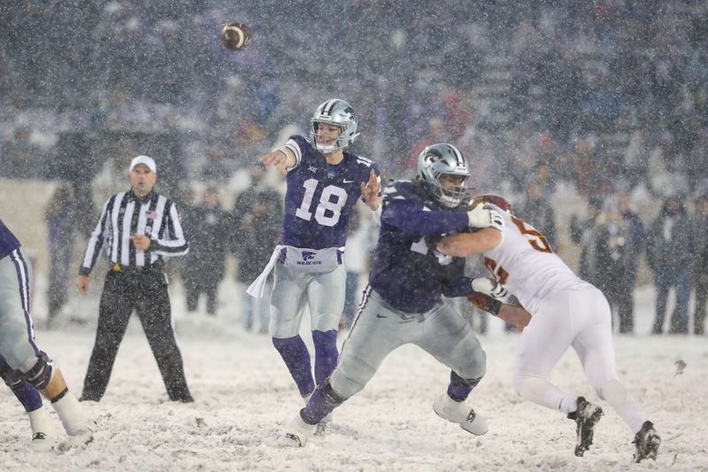 Nov 25, 2023; Manhattan, Kansas, USA; Kansas State Wildcats quarterback Will Howard (18) passes the ball during the fourth quarter against the Iowa State Cyclones at Bill Snyder Family Football Stadium. Mandatory Credit: Scott Sewell-USA TODAY Sports