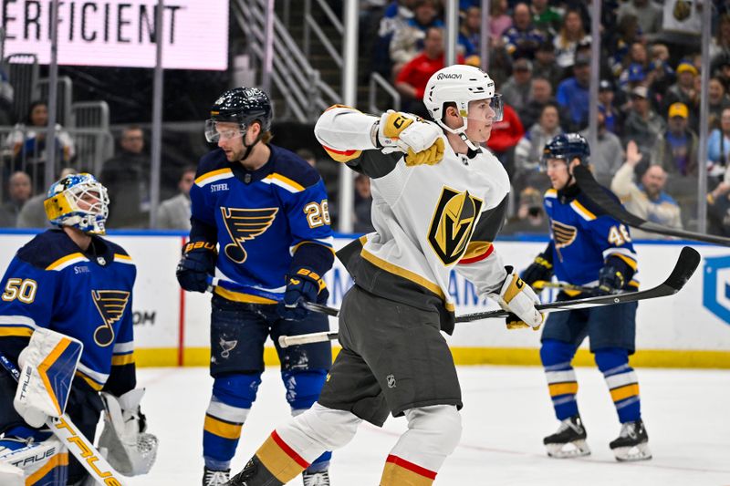 Mar 25, 2024; St. Louis, Missouri, USA;  Vegas Golden Knights left wing Pavel Dorofeyev (16) reacts after scoring against St. Louis Blues goaltender Jordan Binnington (50) during the first period at Enterprise Center. Mandatory Credit: Jeff Curry-USA TODAY Sports