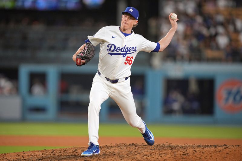 Jun 15, 2024; Los Angeles, California, USA; Los Angeles Dodgers relief pitcher Ryan Yarbrough (56) throws in the ninth inning against the Kansas City Royals at Dodger Stadium. Mandatory Credit: Kirby Lee-USA TODAY Sports