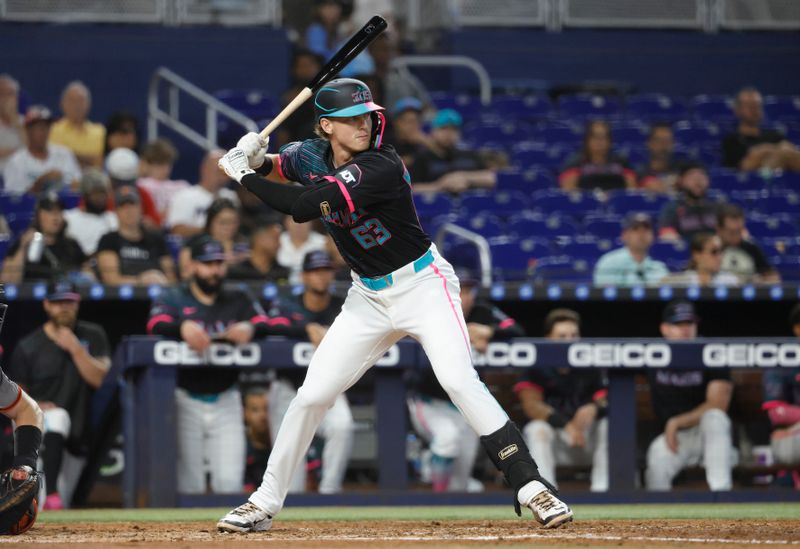 May 31, 2025; Miami, Florida, USA;  Miami Marlins second baseman Jack Winkler (63) at bat against the San Francisco Giants during the fifth inning at loanDepot Park. Mandatory Credit: Rhona Wise-Imagn Images