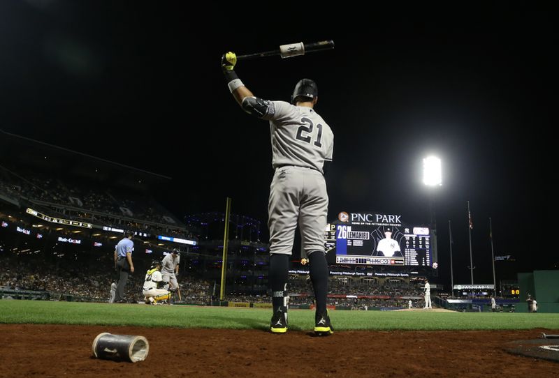 Sep 15, 2023; Pittsburgh, Pennsylvania, USA;  New York Yankees right fielder Aaron Judge (99) in the on deck circle against the Pittsburgh Pirates during the sixth inning at PNC Park. Mandatory Credit: Charles LeClaire-USA TODAY Sports