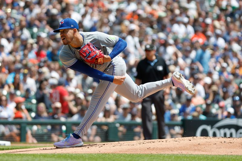 May 25, 2024; Detroit, Michigan, USA; Toronto Blue Jays starting pitcher José Berríos (17) pitches during the first inning of the game against the Detroit Tigers at Comerica Park. Mandatory Credit: Brian Bradshaw Sevald-USA TODAY Sports