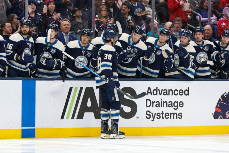 Apr 14, 2026; Columbus, Ohio, USA; Columbus Blue Jackets center Boone Jenner (38) celebrates after scoring a goal against the Washington Capitals during the second period at Nationwide Arena. Mandatory Credit: Russell LaBounty-Imagn Images
