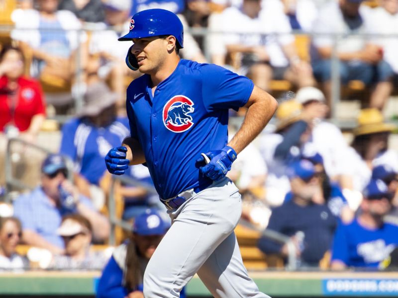 Mar 2, 2024; Phoenix, Arizona, USA; Chicago Cubs infielder Matt Mervis rounds the bases after hitting a home run against the Los Angeles Dodgers during a spring training game at Camelback Ranch-Glendale. Mandatory Credit: Mark J. Rebilas-USA TODAY Sports