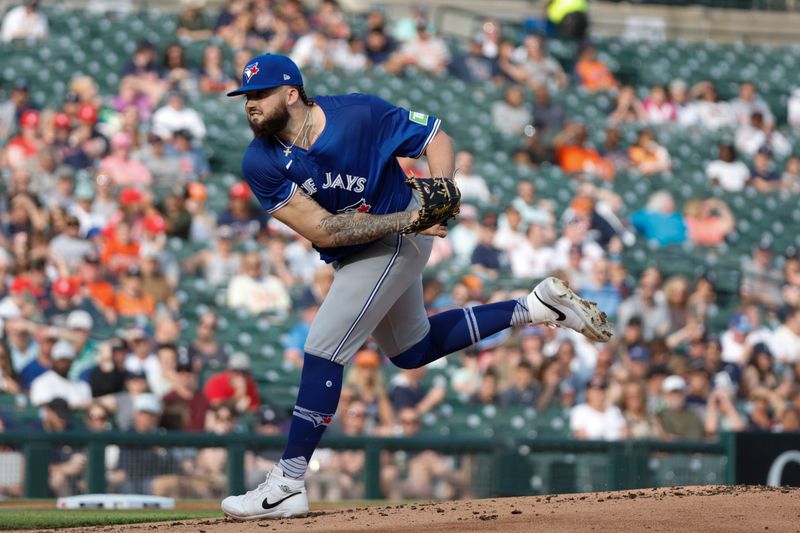 May 24, 2024; Detroit, Michigan, USA; Toronto Blue Jays pitcher Alek Manoah (6) pitches during the first inning of the game against the Detroit Tigers at Comerica Park. Mandatory Credit: Brian Bradshaw Sevald-USA TODAY Sports