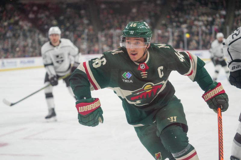 Feb 21, 2023; Saint Paul, Minnesota, USA; Minnesota Wild defenseman Jared Spurgeon (46) skates after a puck against the Los Angeles Kings in the first period at Xcel Energy Center. Mandatory Credit: Matt Blewett-USA TODAY Sports