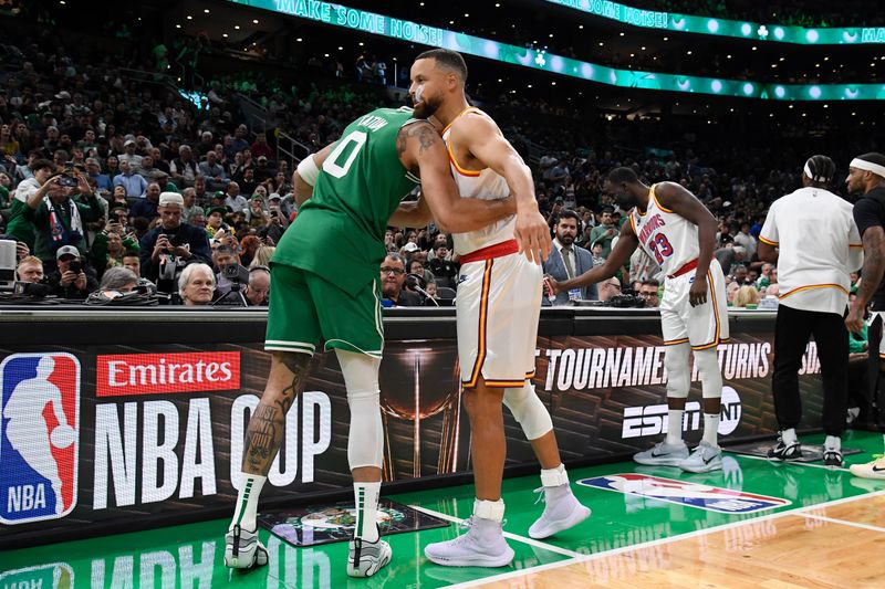 BOSTON, MA - NOVEMBER 6: Jayson Tatum #0 of the Boston Celtics hugs Stephen Curry #30 of the Golden State Warriors before the game on November 6, 2024 at TD Garden in Boston, Massachusetts. NOTE TO USER: User expressly acknowledges and agrees that, by downloading and/or using this Photograph, user is consenting to the terms and conditions of the Getty Images License Agreement. Mandatory Copyright Notice: Copyright 2024 NBAE (Photo by Brian Babineau/NBAE via Getty Images)