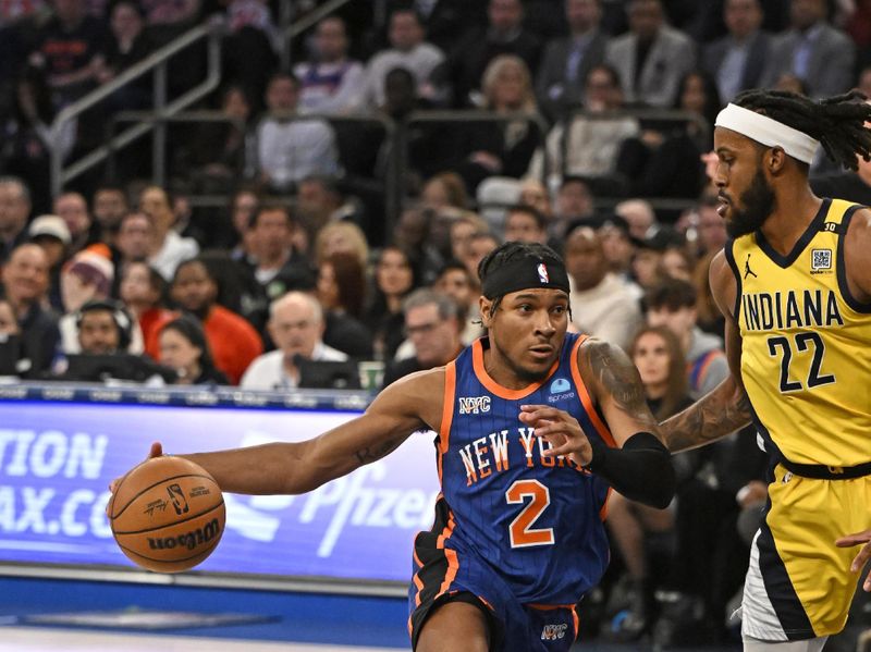 NEW YORK, NY - FEBRUARY 10: Miles McBride #2 of the New York Knicks dribbles the ball during the game against the Indiana Pacers on February 10, 2024 at Madison Square Garden in New York City, New York.  NOTE TO USER: User expressly acknowledges and agrees that, by downloading and or using this photograph, User is consenting to the terms and conditions of the Getty Images License Agreement. Mandatory Copyright Notice: Copyright 2024 NBAE  (Photo by David Dow/NBAE via Getty Images)