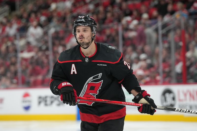 May 22, 2025; Raleigh, North Carolina, USA;  Carolina Hurricanes forward Sebastian Aho (20) looks on during the third period against the Florida Panthers in game two of the Eastern Conference Final of the 2025 Stanley Cup Playoffs at Lenovo Center. Mandatory Credit: James Guillory-Imagn Images