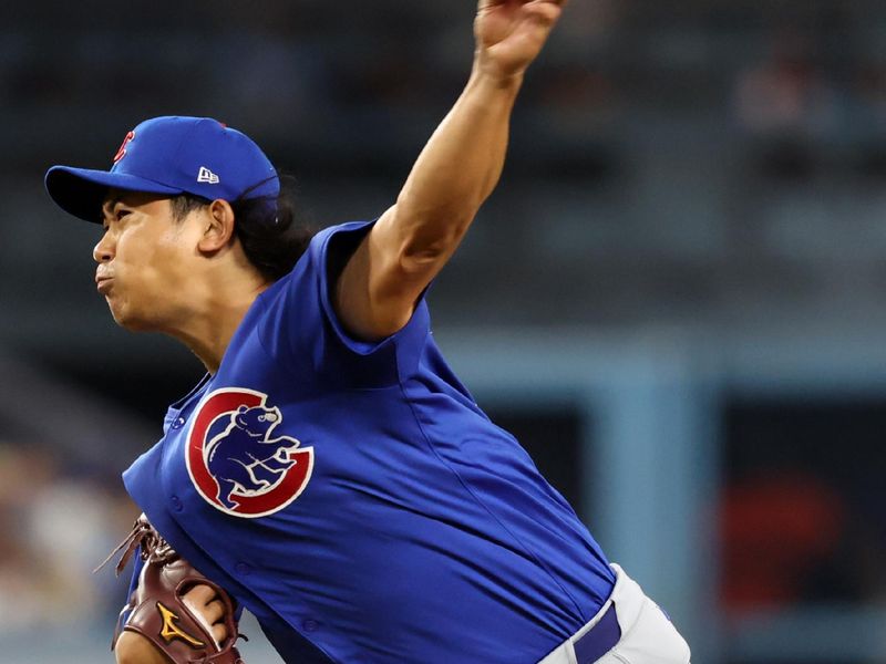 Sep 10, 2024; Los Angeles, California, USA;  Chicago Cubs starting pitcher Shota Imanaga (18) pitches during the seventh inning against the Los Angeles Dodgers at Dodger Stadium. Mandatory Credit: Kiyoshi Mio-Imagn Images