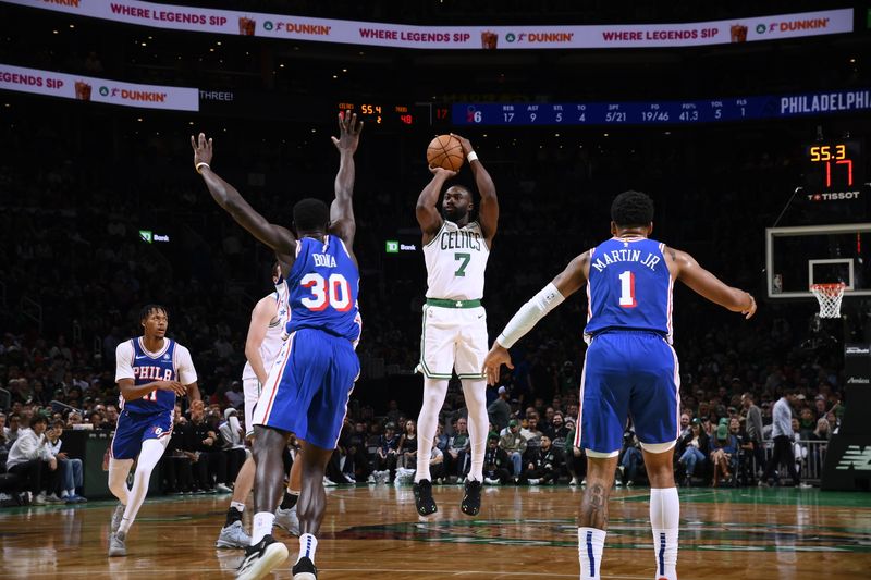 BOSTON, MA - OCTOBER 12: Jaylen Brown #7 of the Boston Celtics shoots a three point basket during the game against the Philadelphia 76ers during a NBA Preseason game on October 12, 2024 at TD Garden in Boston, Massachusetts. NOTE TO USER: User expressly acknowledges and agrees that, by downloading and/or using this Photograph, user is consenting to the terms and conditions of the Getty Images License Agreement. Mandatory Copyright Notice: Copyright 2024 NBAE (Photo by Brian Babineau/NBAE via Getty Images)