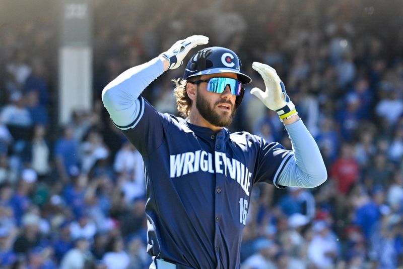 Jun 14, 2024; Chicago, Illinois, USA;  Chicago Cubs first base Patrick Wisdom (16) reacts after he hit a fly ball for the third out during the eighth inning against the St. Louis Cardinals at Wrigley Field. Mandatory Credit: Matt Marton-USA TODAY Sports