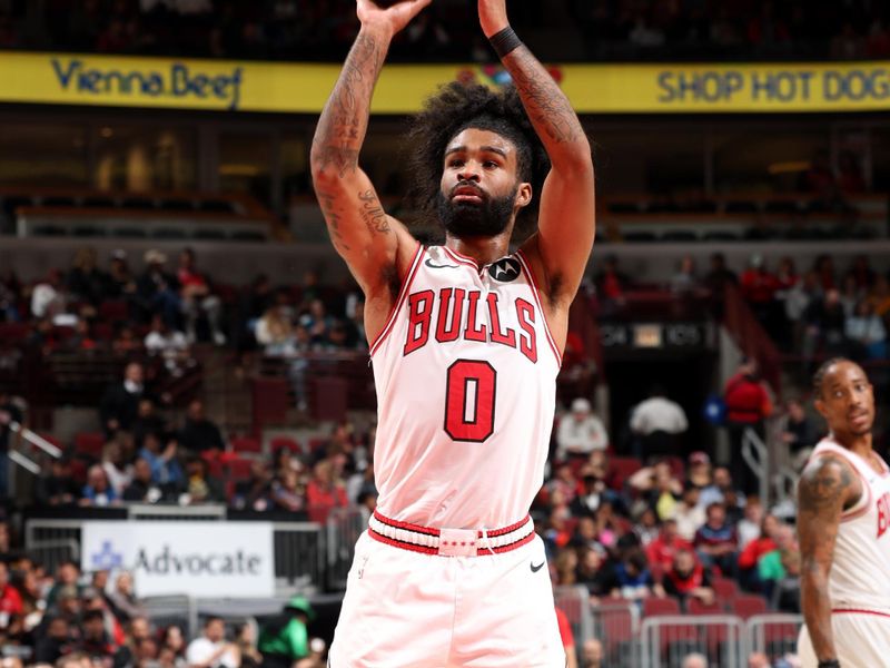 CHICAGO, IL - OCTOBER 19: Coby White #0 of the Chicago Bulls shoots a free throw during the game against the Minnesota Timberwolves on October 19, 2023 at United Center in Chicago, Illinois. NOTE TO USER: User expressly acknowledges and agrees that, by downloading and or using this photograph, User is consenting to the terms and conditions of the Getty Images License Agreement. Mandatory Copyright Notice: Copyright 2023 NBAE (Photo by Jeff Haynes/NBAE via Getty Images)