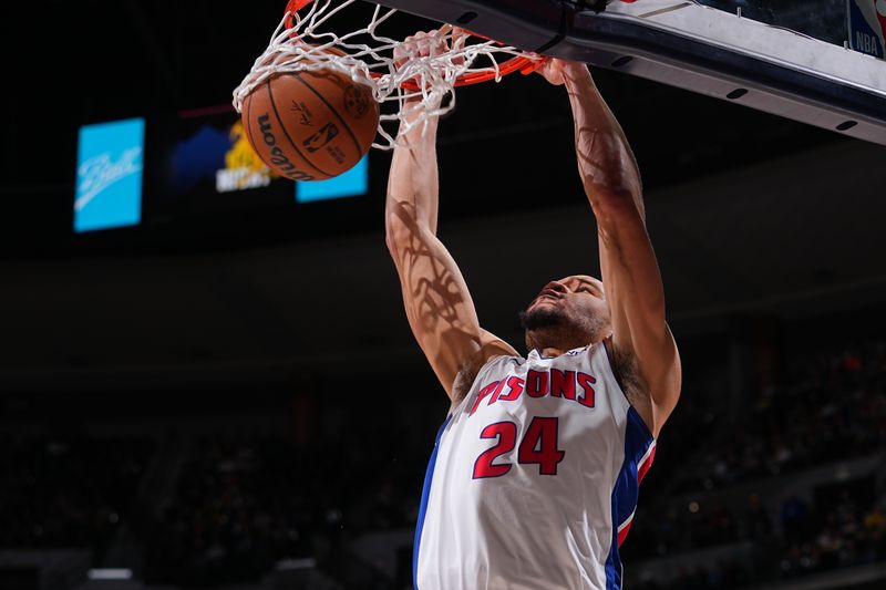 DENVER, CO - JANUARY 7: Kevin Knox II #24 of the Detroit Pistons dunks the ball during the game against the Denver Nuggets on January 7, 2024 at the Ball Arena in Denver, Colorado. NOTE TO USER: User expressly acknowledges and agrees that, by downloading and/or using this Photograph, user is consenting to the terms and conditions of the Getty Images License Agreement. Mandatory Copyright Notice: Copyright 2024 NBAE (Photo by Bart Young/NBAE via Getty Images)