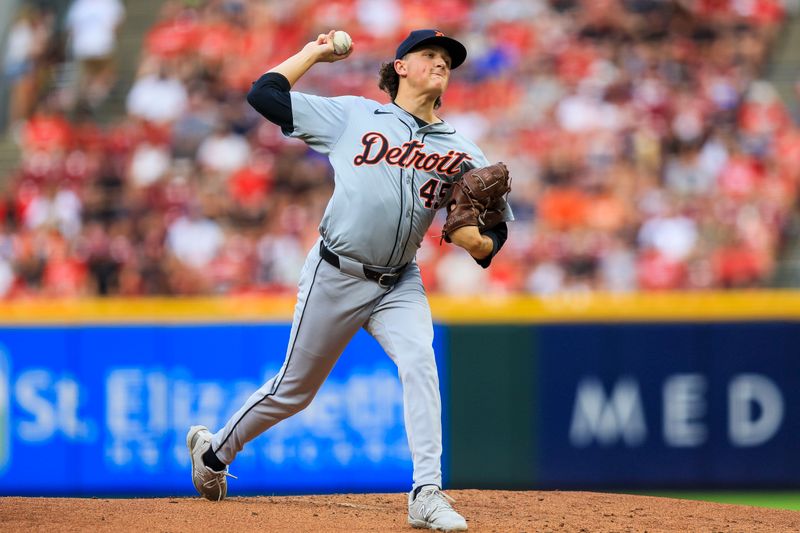 Jul 5, 2024; Cincinnati, Ohio, USA; Detroit Tigers starting pitcher Reese Olson (45) pitches against the Cincinnati Reds in the first inning at Great American Ball Park. Mandatory Credit: Katie Stratman-USA TODAY Sports