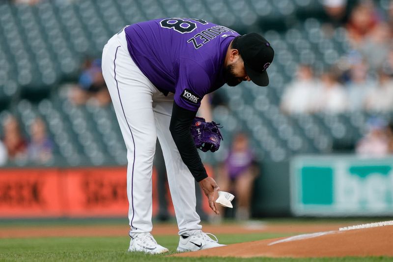 Sep 3, 2025; Denver, Colorado, USA; Colorado Rockies starting pitcher German Marquez (48) in the first inning against the San Francisco Giants at Coors Field. Mandatory Credit: Isaiah J. Downing-Imagn Images
