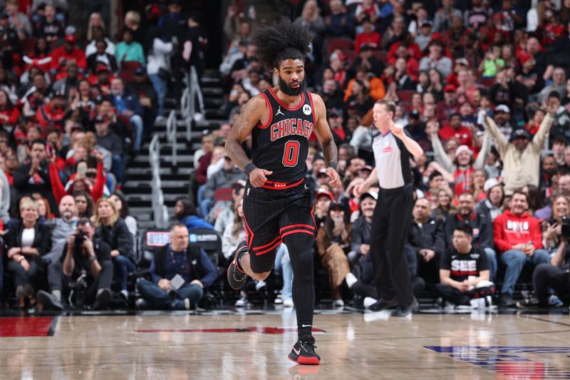 CHICAGO, IL - MARCH 25: Coby White #0 of the Chicago Bulls looks on during the game against the Washington Wizards on March 25, 2024 at United Center in Chicago, Illinois. NOTE TO USER: User expressly acknowledges and agrees that, by downloading and or using this photograph, User is consenting to the terms and conditions of the Getty Images License Agreement. Mandatory Copyright Notice: Copyright 2024 NBAE (Photo by Jeff Haynes/NBAE via Getty Images)