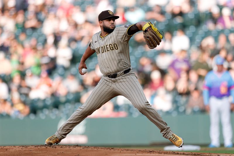 May 9, 2025; Denver, Colorado, USA; San Diego Padres starting pitcher Randy Vasquez (98) pitches in the first inning against the Colorado Rockies at Coors Field. Mandatory Credit: Isaiah J. Downing-Imagn Images