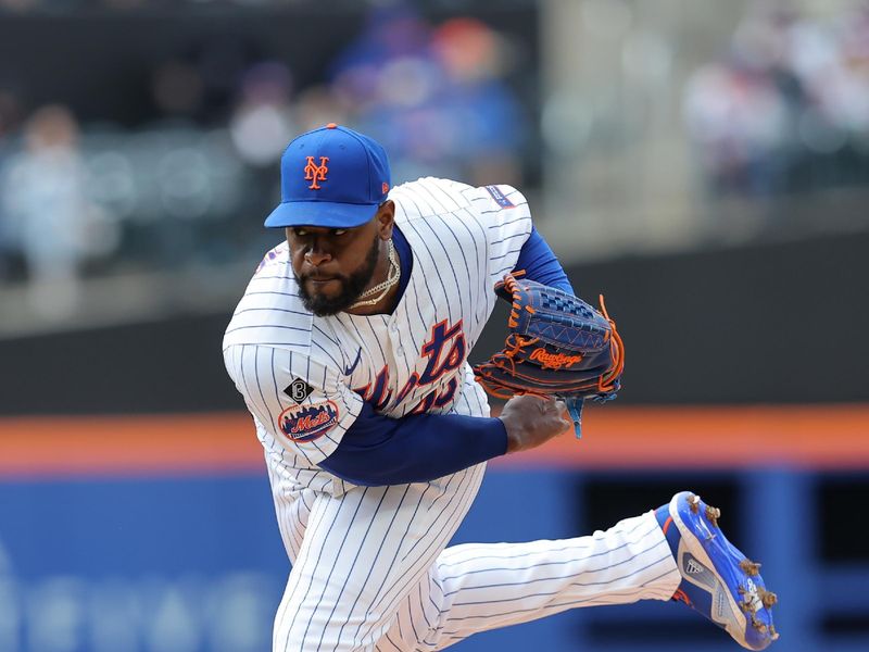 Apr 17, 2024; New York City, New York, USA; New York Mets starting pitcher Luis Severino (40) follows through on a pitch against the Pittsburgh Pirates during the first inning at Citi Field. Mandatory Credit: Brad Penner-USA TODAY Sports