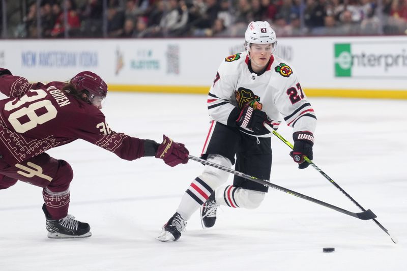 Mar 18, 2023; Tempe, Arizona, USA; Chicago Blackhawks left wing Lukas Reichel (27) skates by Arizona Coyotes center Liam O'Brien (38) during the first period at Mullett Arena. Mandatory Credit: Joe Camporeale-USA TODAY Sports