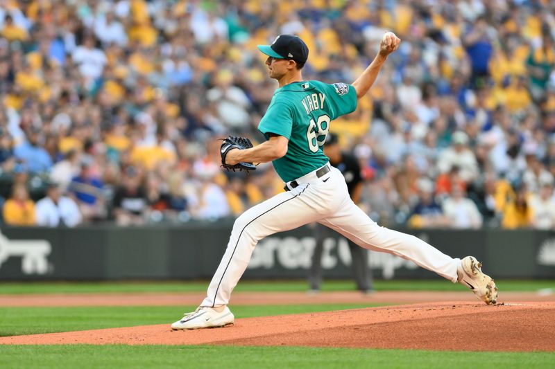 Aug 12, 2023; Seattle, Washington, USA; Seattle Mariners starting pitcher George Kirby (68) pitches to the Baltimore Orioles during the first inning at T-Mobile Park. Mandatory Credit: Steven Bisig-USA TODAY Sports