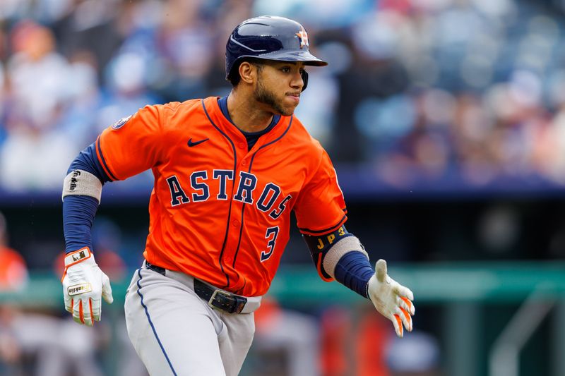 Apr 27, 2025; Kansas City, Missouri, USA; Houston Astros shortstop Jeremy Peña (3) rounds the bases during the third inning against the Kansas City Royals at Kauffman Stadium. Mandatory Credit: William Purnell-Imagn Images