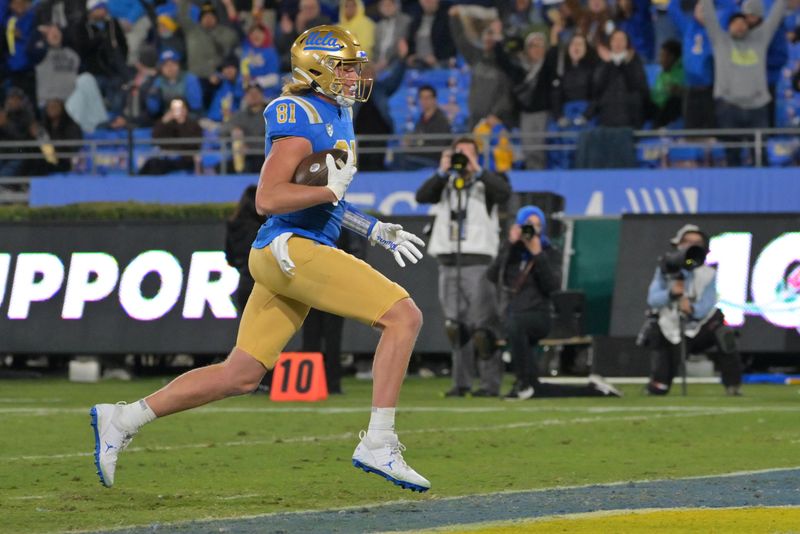 Nov 12, 2022; Pasadena, California, USA;   UCLA Bruins tight end Hudson Habermehl (81) completes a 51 yard pass play and runs into the end zone for a touchdown in the first half against the Arizona Wildcats at the Rose Bowl. Mandatory Credit: Jayne Kamin-Oncea-USA TODAY Sports