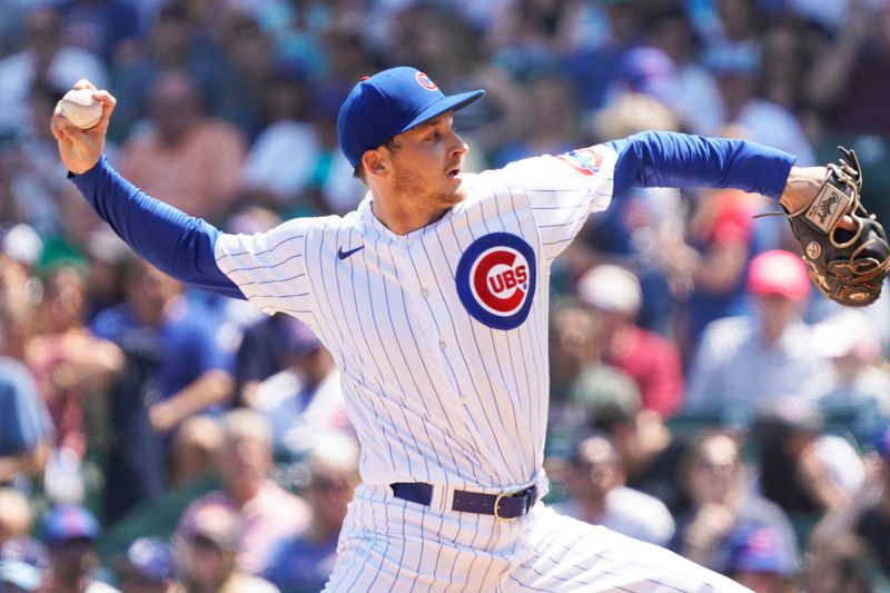 May 7, 2023; Chicago, Illinois, USA; Chicago Cubs starting pitcher Hayden Wesneski (19) throws the ball against the Miami Marlins during the first inning at Wrigley Field. Mandatory Credit: David Banks-USA TODAY Sports