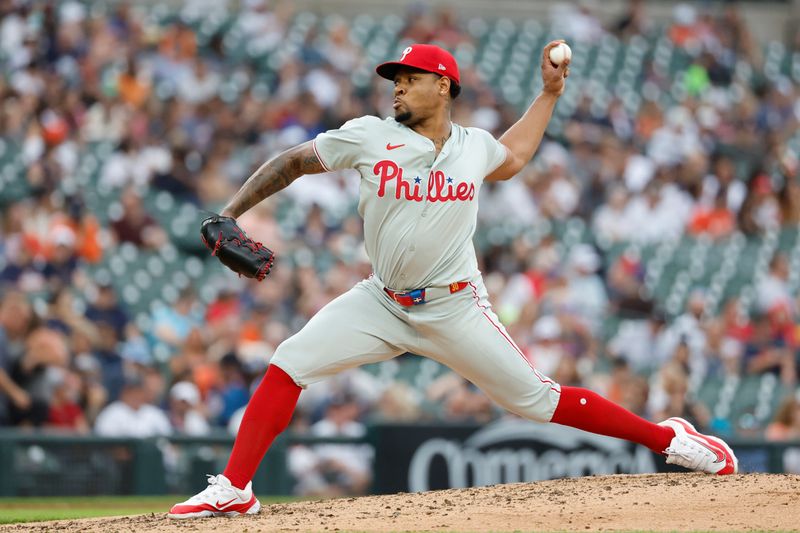 Jun 26, 2024; Detroit, Michigan, USA;  Philadelphia Phillies relief pitcher Gregory Soto (30) throws against the Detroit Tigers in the fourth inning at Comerica Park. Mandatory Credit: Rick Osentoski-USA TODAY Sports