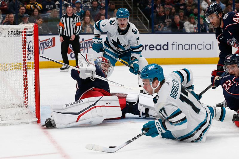 Mar 16, 2024; Columbus, Ohio, USA; San Jose Sharks center Thomas Bordeleau (17) shoots against the Columbus Blue Jackets during the first period at Nationwide Arena. Mandatory Credit: Russell LaBounty-USA TODAY Sports