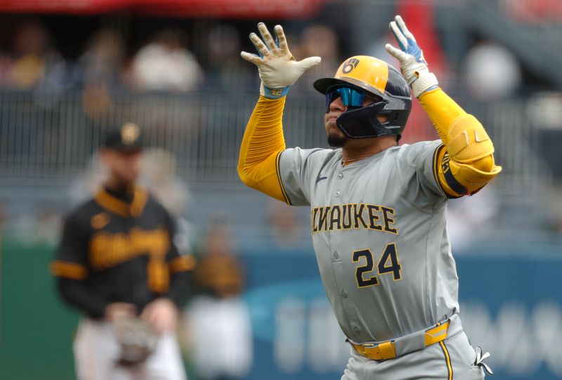 Apr 25, 2024; Pittsburgh, Pennsylvania, USA;  Milwaukee Brewers catcher William Contreras (24) reacts as he circles the bases on a solo home run against the Pittsburgh Pirates during the first inning at PNC Park. Mandatory Credit: Charles LeClaire-USA TODAY Sports