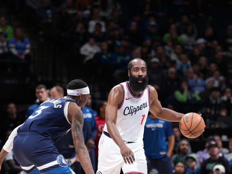 MINNEAPOLIS, MN -  JANUARY 6: James Harden #1 of the LA Clippers handles the ball during the game against the Minnesota Timberwolves on January 6, 2025 at Target Center in Minneapolis, Minnesota. NOTE TO USER: User expressly acknowledges and agrees that, by downloading and or using this Photograph, user is consenting to the terms and conditions of the Getty Images License Agreement. Mandatory Copyright Notice: Copyright 2025 NBAE (Photo by Jordan Johnson/NBAE via Getty Images)