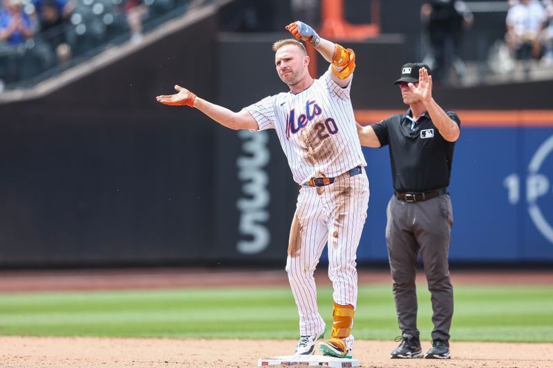 Jun 30, 2024; New York City, New York, USA;  New York Mets first baseman Pete Alonso (20) celebrates after hitting a double in the sixth inning against the Houston Astros at Citi Field. Mandatory Credit: Wendell Cruz-USA TODAY Sports