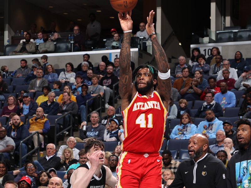 MEMPHIS, TN - MARCH 8: Saddiq Bey #41 of the Atlanta Hawks shoots the ball during the game against the Memphis Grizzlies on March 8, 2024 at FedExForum in Memphis, Tennessee. NOTE TO USER: User expressly acknowledges and agrees that, by downloading and or using this photograph, User is consenting to the terms and conditions of the Getty Images License Agreement. Mandatory Copyright Notice: Copyright 2024 NBAE (Photo by Joe Murphy/NBAE via Getty Images)