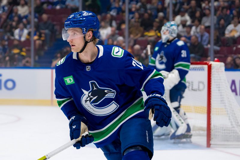Sep 24, 2024; Vancouver, British Columbia, CAN; Vancouver Canucks forward Danton Heinen (20) skates against the Seattle Kraken during the second period at Rogers Arena. Mandatory Credit: Bob Frid-Imagn Images