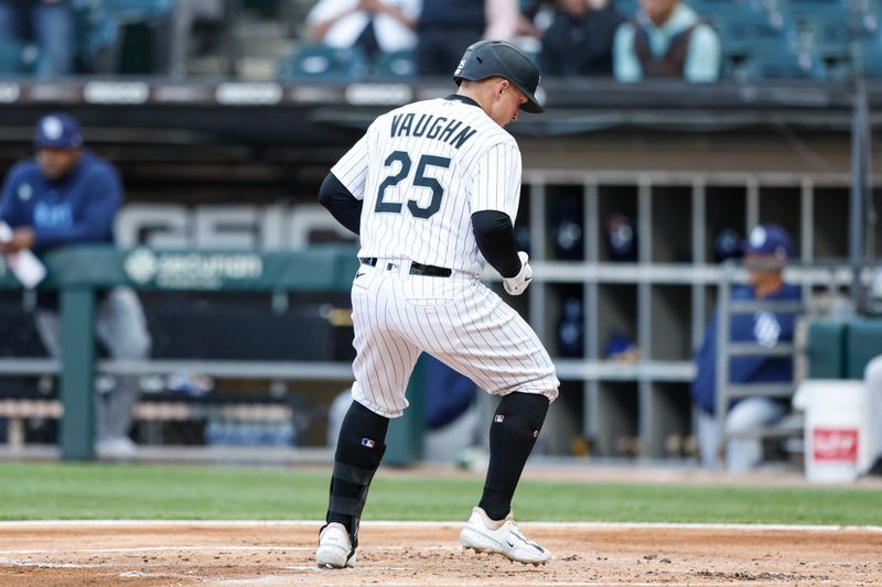 Apr 28, 2023; Chicago, Illinois, USA; Chicago White Sox first baseman Andrew Vaughn (25) crosses home plate after hitting a solo home run against the Tampa Bay Rays during the first inning at Guaranteed Rate Field. Mandatory Credit: Kamil Krzaczynski-USA TODAY Sports