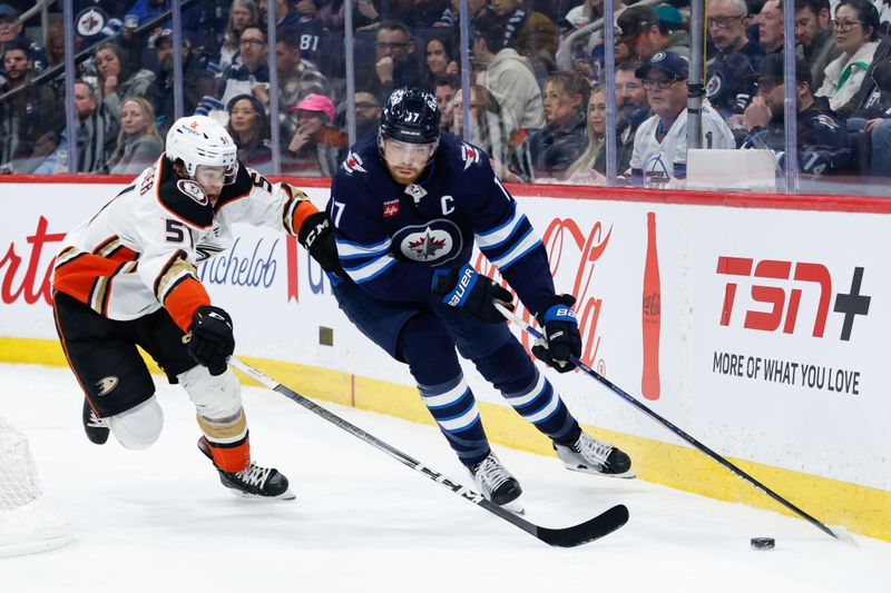 Mar 15, 2024; Winnipeg, Manitoba, CAN; Winnipeg Jets forward Adam Lowry (17) tries to skates away from Anaheim Ducks defenseman Olen Zellweger (51) during the second period at Canada Life Centre. Mandatory Credit: Terrence Lee-USA TODAY Sports