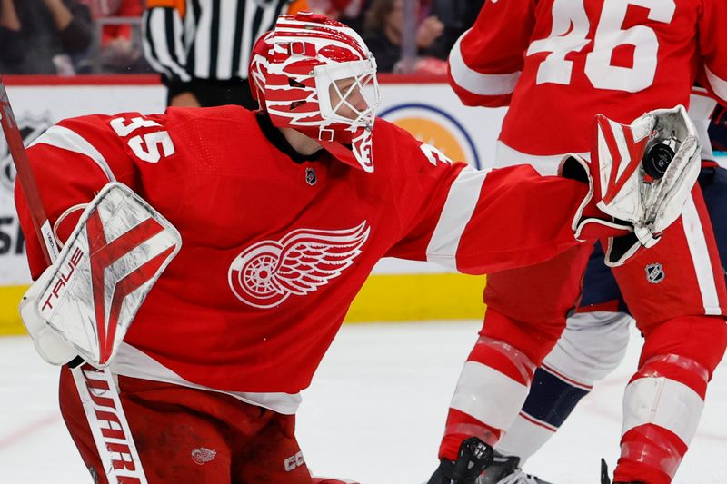 Nov 11, 2023; Detroit, Michigan, USA;  Detroit Red Wings goaltender Ville Husso (35) makes a save against the Columbus Blue Jackets in the third period at Little Caesars Arena. Mandatory Credit: Rick Osentoski-USA TODAY Sports