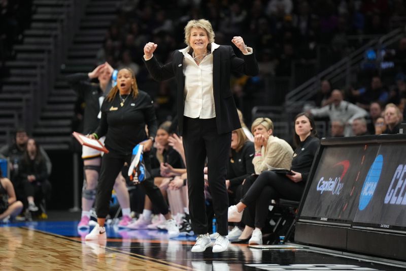Mar 24, 2023; Seattle, WA, USA; Iowa Hawkeyes coach Lisa Bluder reacts against the Colorado Buffaloes in the second half at Climate Pledge Arena. Mandatory Credit: Kirby Lee-USA TODAY Sports